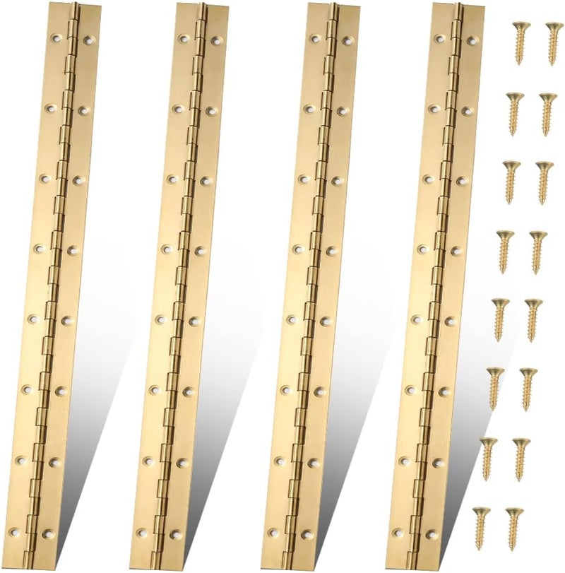 FVSEC 16 Inch Gold Stainless Steel Piano Hinges, 4 Pcs Continuous & Piano Hinge with Holes, Heavy Duty Piano Hinge 0.04" Leaf Thickness, 1.2'' Open Width for Furniture Cabinet Door Wooden Box Woodworking - Image 1